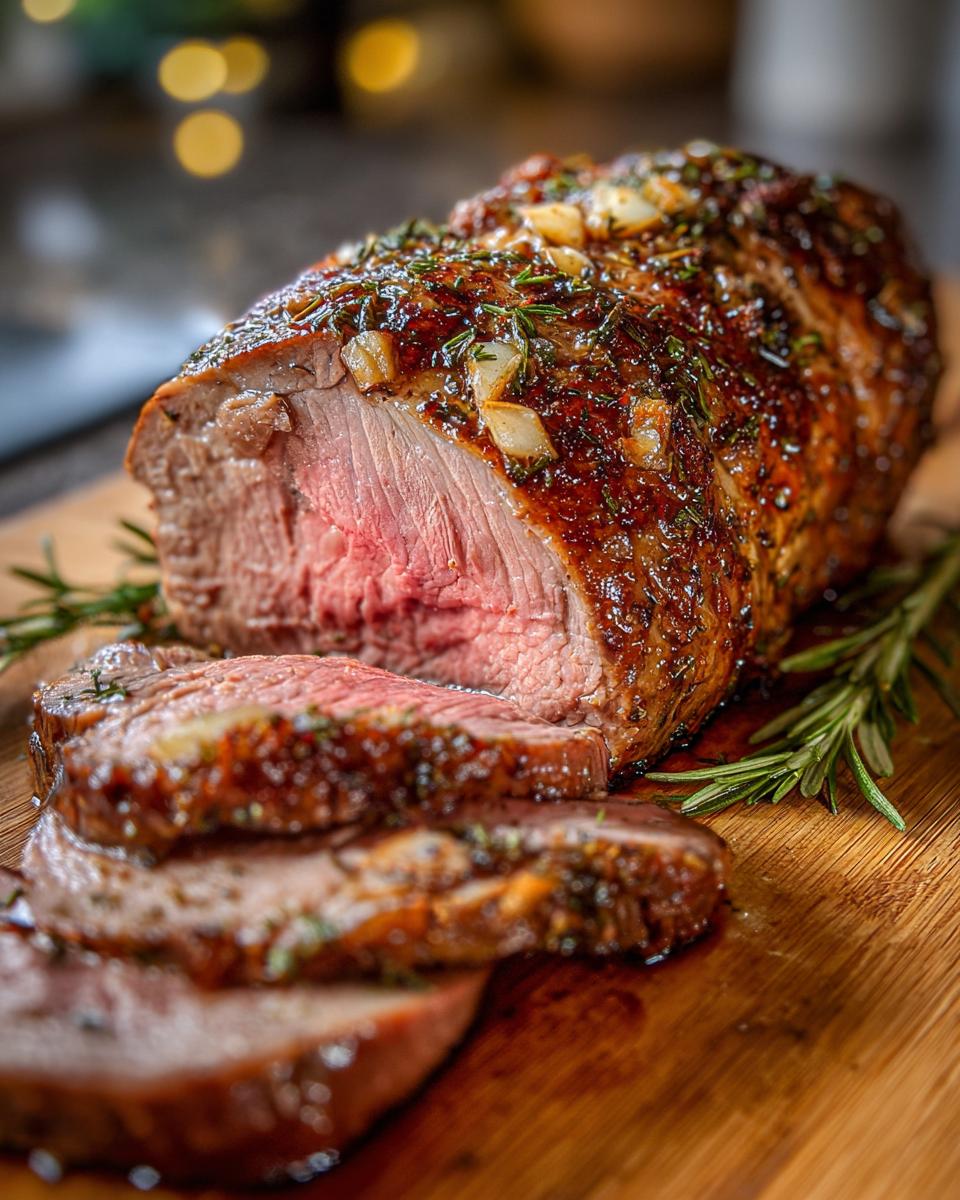 Ein saftiger Knoblauch Butter Kräuterbraten Rindfleisch, aufgeschnitten und mit Kräutern und Knoblauch belegt, auf einem Holzbrett serviert.