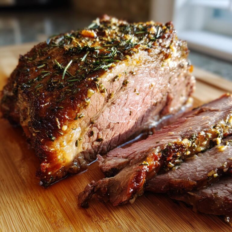 A juicy Knoblauch Butter Kräuterbraten Rindfleisch, sliced and ready to serve on a wooden board.