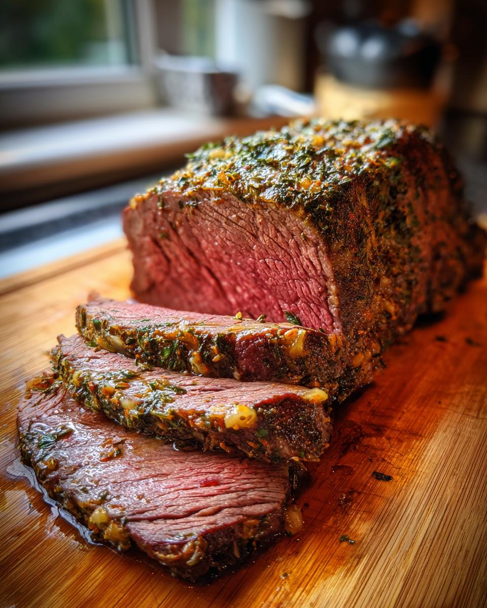 Saftige Scheiben von Knoblauch Butter Kräuterbraten Rindfleisch auf einem Holzbrett, mit Kräutern und Knoblauch bedeckt.