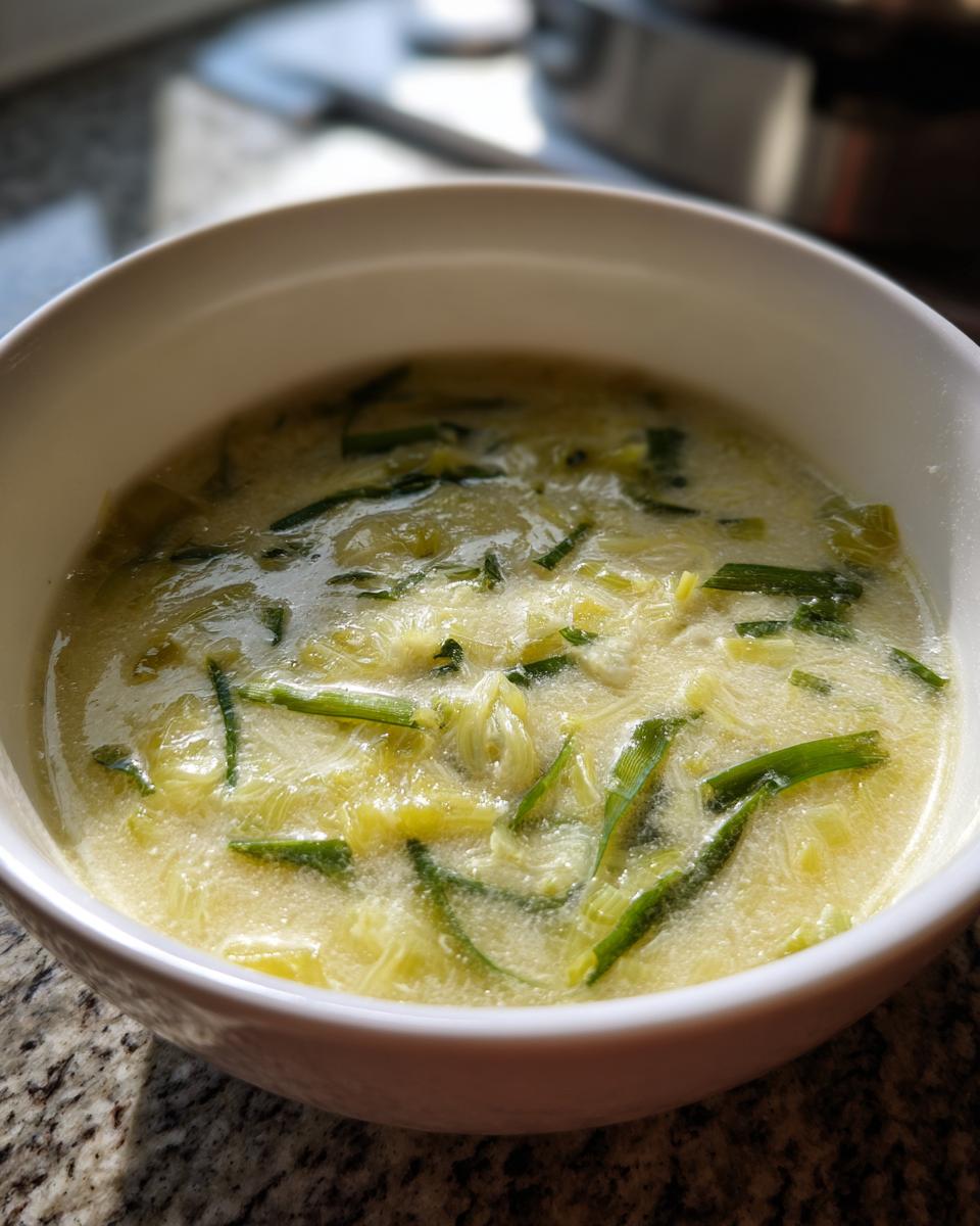 Eine Schüssel mit cremiger Lauch-Käse-Suppe, garniert mit frischem Lauch.
