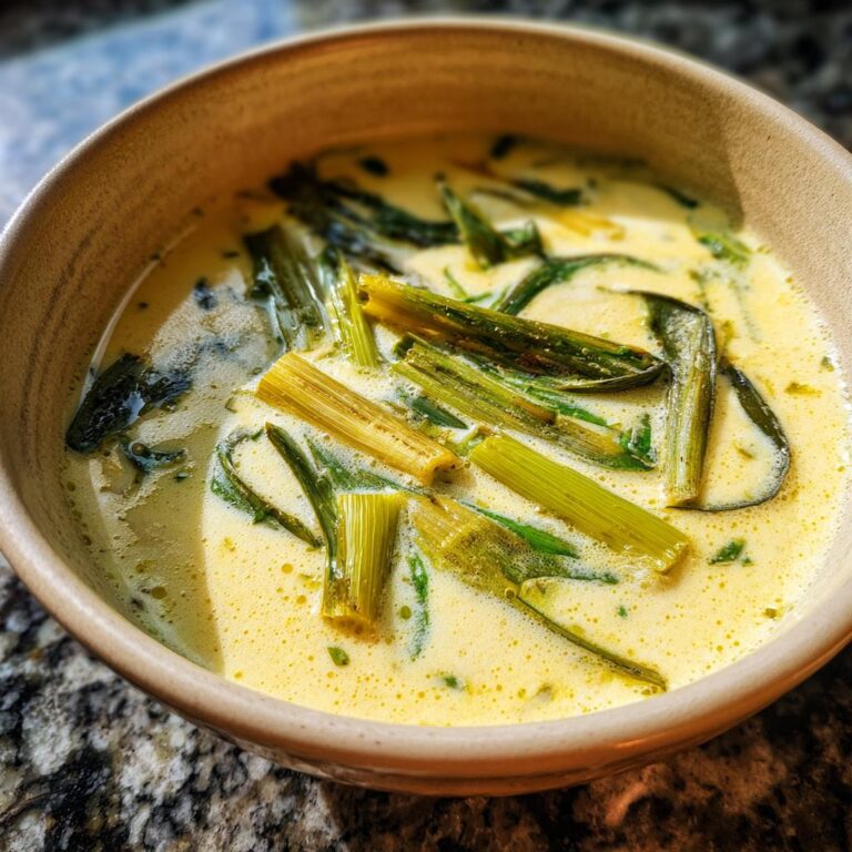 Nahaufnahme einer Schüssel Lauch-Käse-Suppe mit zarten Lauchstücken in cremiger Brühe.