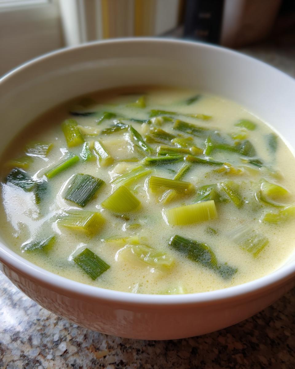 Eine Schüssel mit cremiger Lauch-Käse-Suppe, gefüllt mit geschnittenem Lauch und Kartoffelstücken.