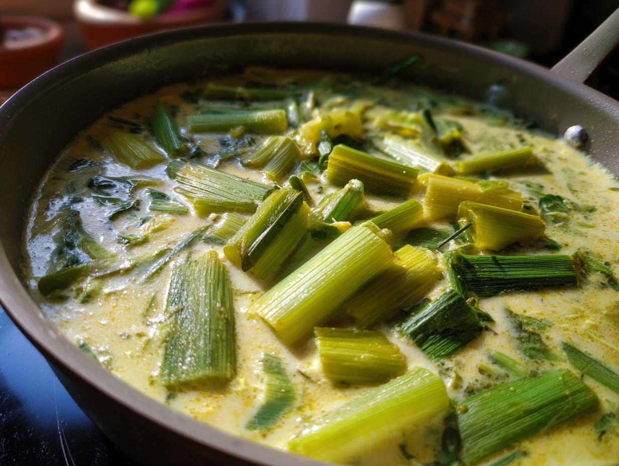 Eine Lauch-Käse-Suppe mit großen Stücken Lauch in einer cremigen Soße, die in einer Pfanne gekocht wird.