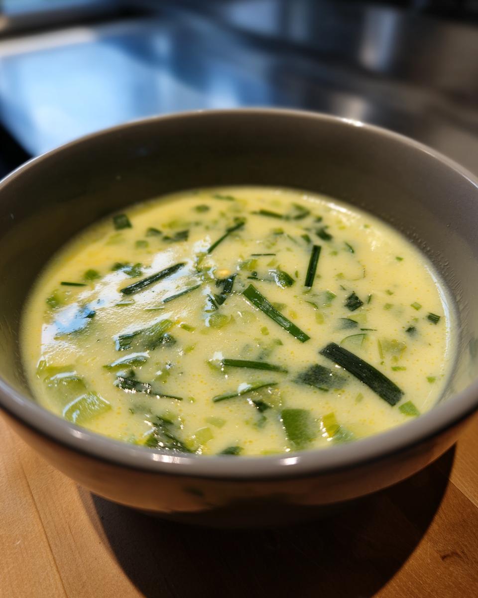 Eine Schüssel mit cremiger Lauch-Käse-Suppe, garniert mit frischem Lauch.