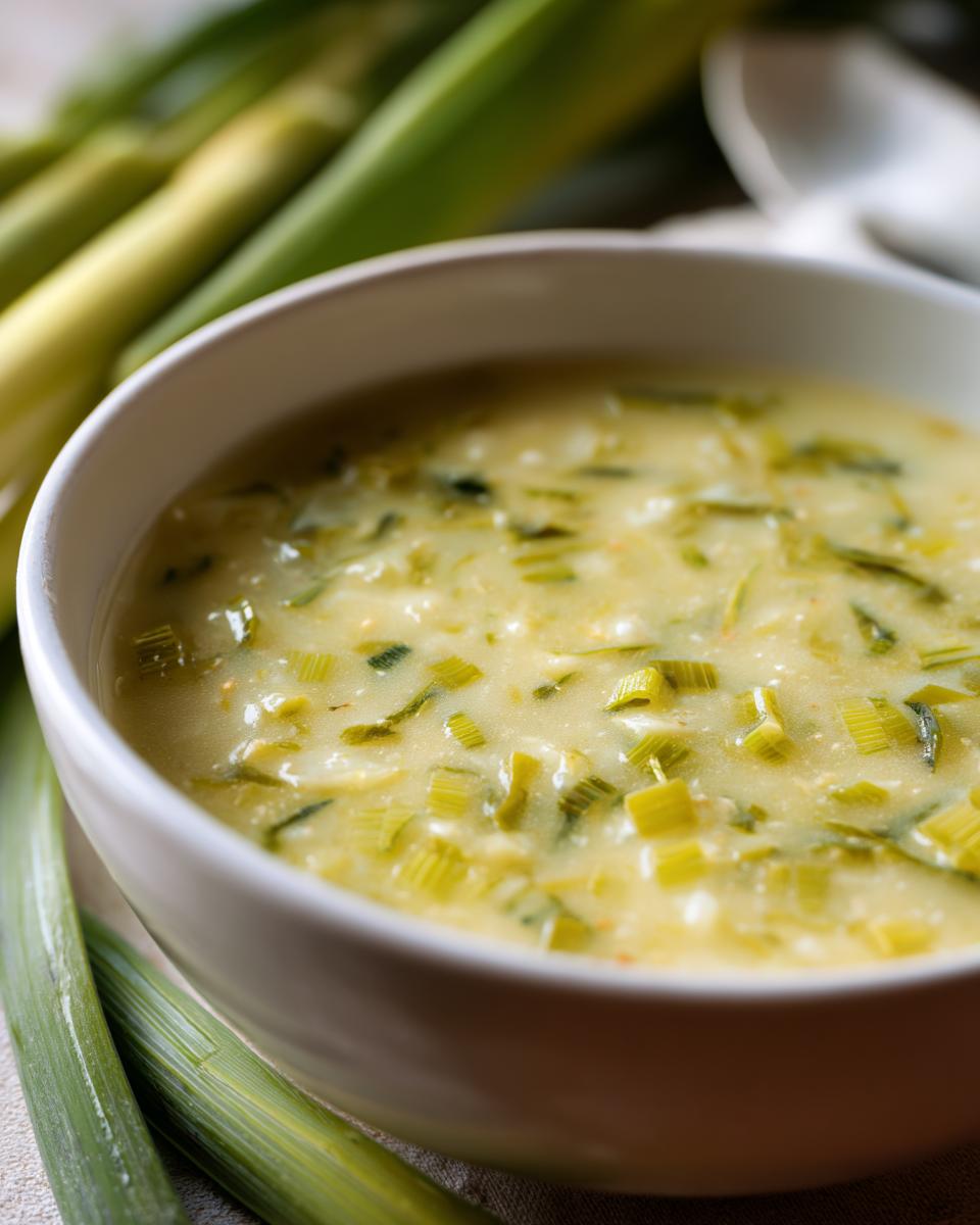 Eine Schüssel mit cremiger Lauch-Käse-Suppe, garniert mit Lauchstücken. Frischer Lauch liegt daneben.