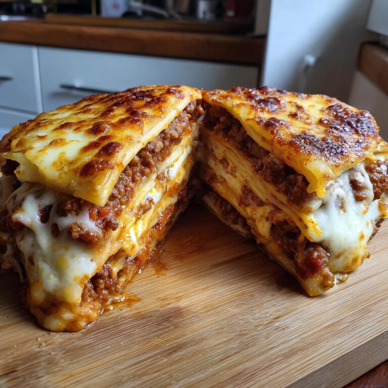 A close-up view of a rich and cheesy Lebkuchen-Lasagne, cut in half to reveal multiple layers of pasta, meat sauce, and melted cheese.