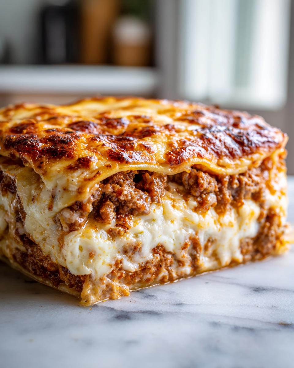 A close-up of a slice of Lebkuchen-Lasagne, showing layers of meat sauce and melted cheese.
