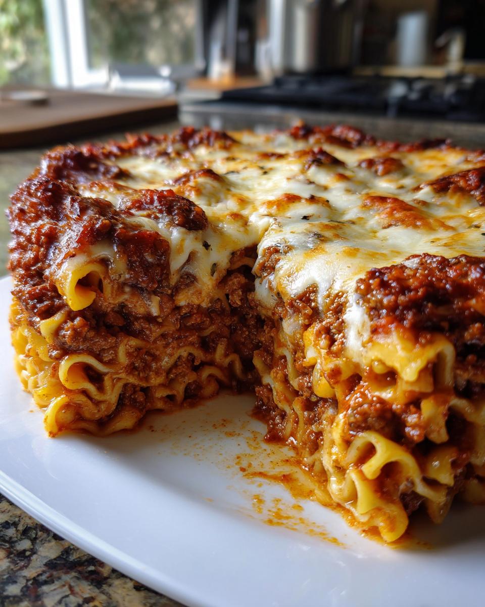 A slice of rich Lebkuchen-Lasagne with layers of pasta, meat sauce, and melted cheese.