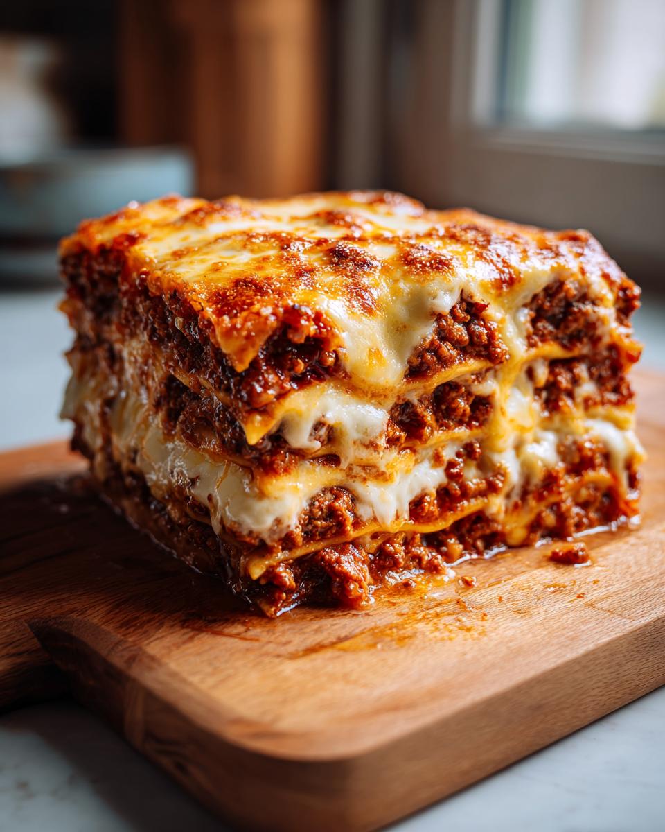 A hearty slice of Lebkuchen-Lasagne with layers of meat sauce and melted cheese.