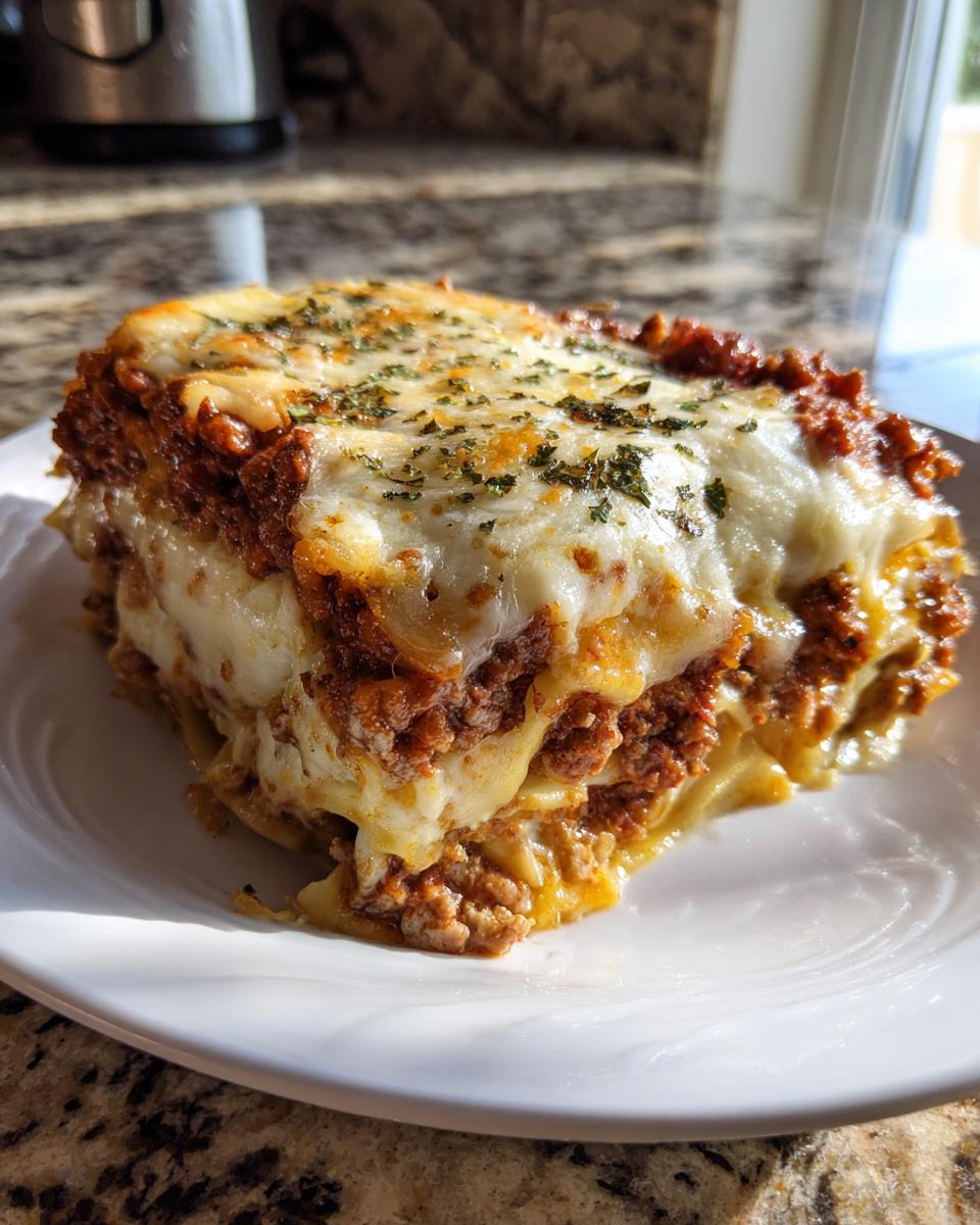 A delicious slice of Lebkuchen-Lasagne, featuring layers of pasta, rich meat sauce, and melted cheese, sprinkled with herbs.