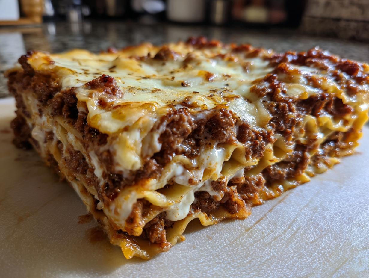 A close-up of a delicious slice of Lebkuchen-Lasagne, showing layers of pasta, rich meat sauce, and melted cheese.
