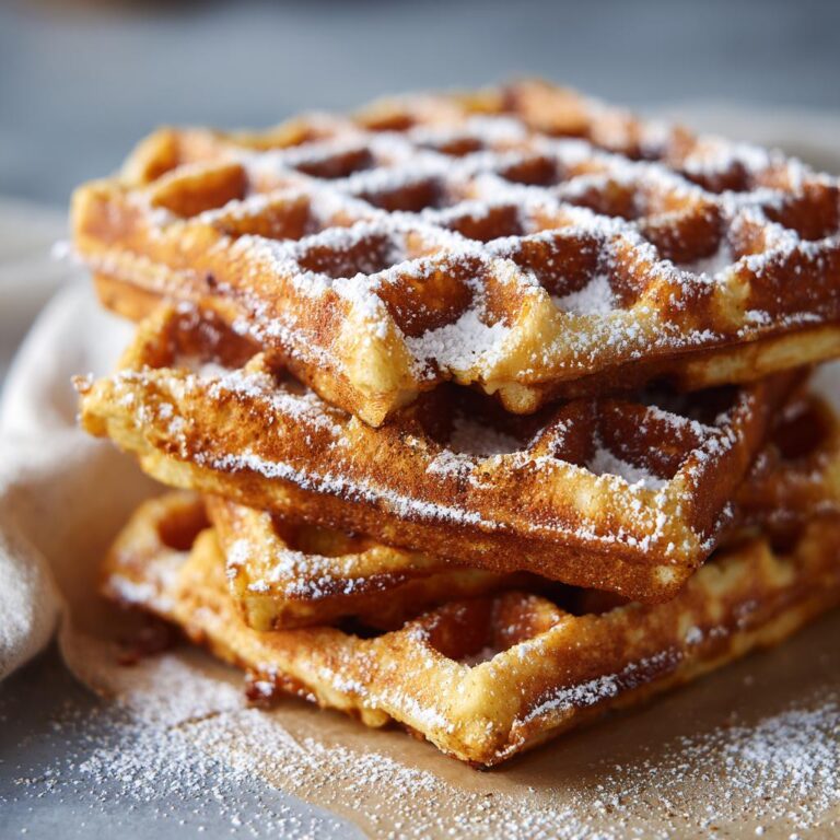 Ein Stapel goldbrauner Lebkuchen-Waffeln, bestäubt mit Puderzucker.