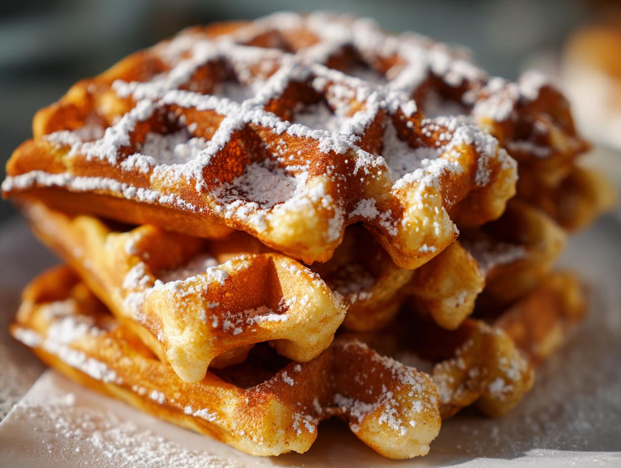 A close-up stack of golden-brown Lebkuchen-Waffeln mit Puderzucker, dusted with powdered sugar.