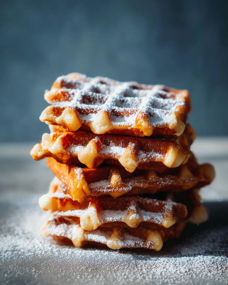 Ein Stapel goldbrauner Lebkuchen-Waffeln mit Puderzucker bestäubt.