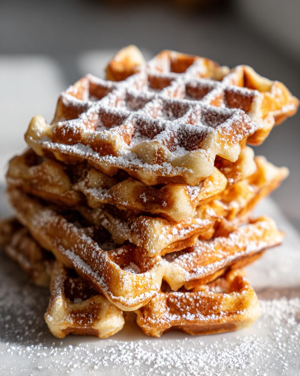 Ein Stapel goldbrauner Lebkuchen-Waffeln mit Puderzucker bestäubt.