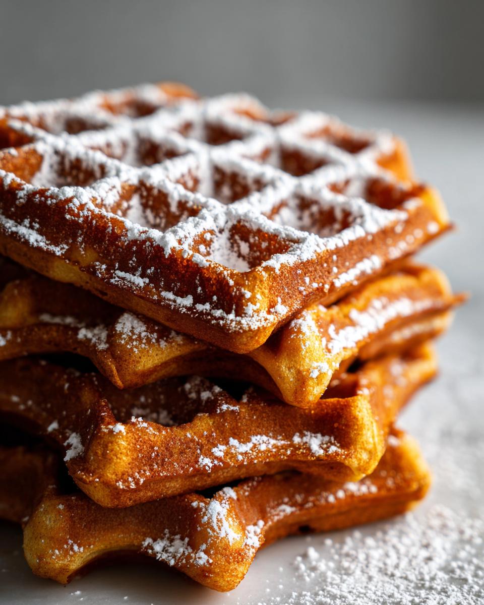 Ein Stapel goldbrauner Lebkuchen-Waffeln mit Puderzucker bestäubt, perfekt für ein süßes Frühstück.