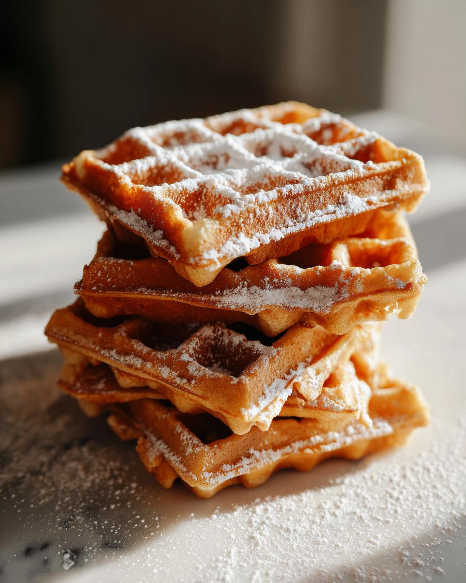 Ein Stapel goldbrauner Lebkuchen-Waffeln mit Puderzucker bestäubt.