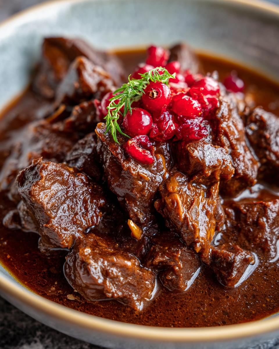 Nahaufnahme von festlichem Lebkuchengulasch, einem herzhaften Weihnachtsgericht, garniert mit Cranberries und Kräutern.