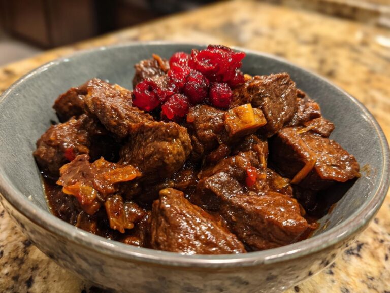 Schüssel mit Lebkuchengulasch, garniert mit roten Beeren, serviert als festliches Weihnachtsgericht.