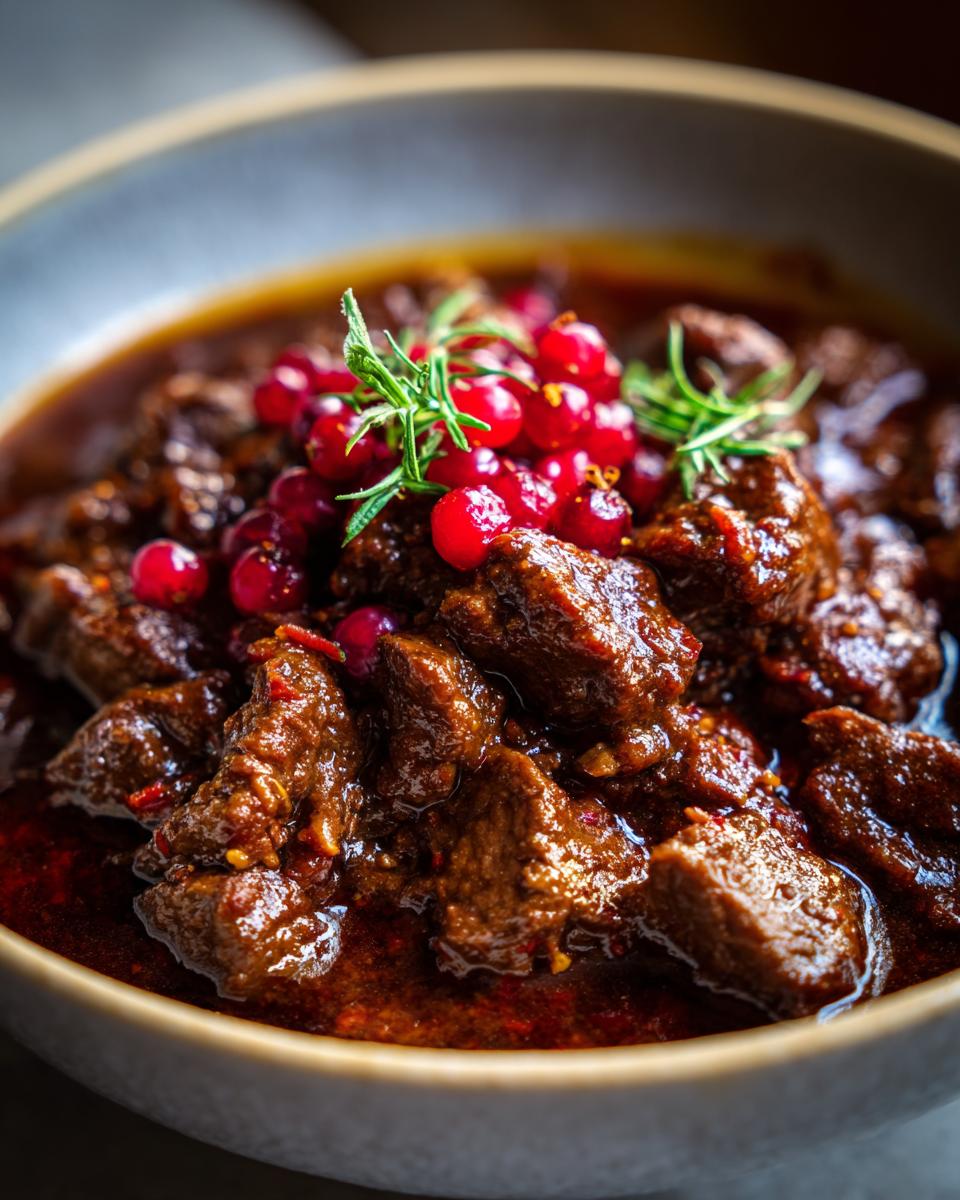 Ein Teller mit festlichem Lebkuchengulasch, garniert mit roten Beeren und Rosmarin.