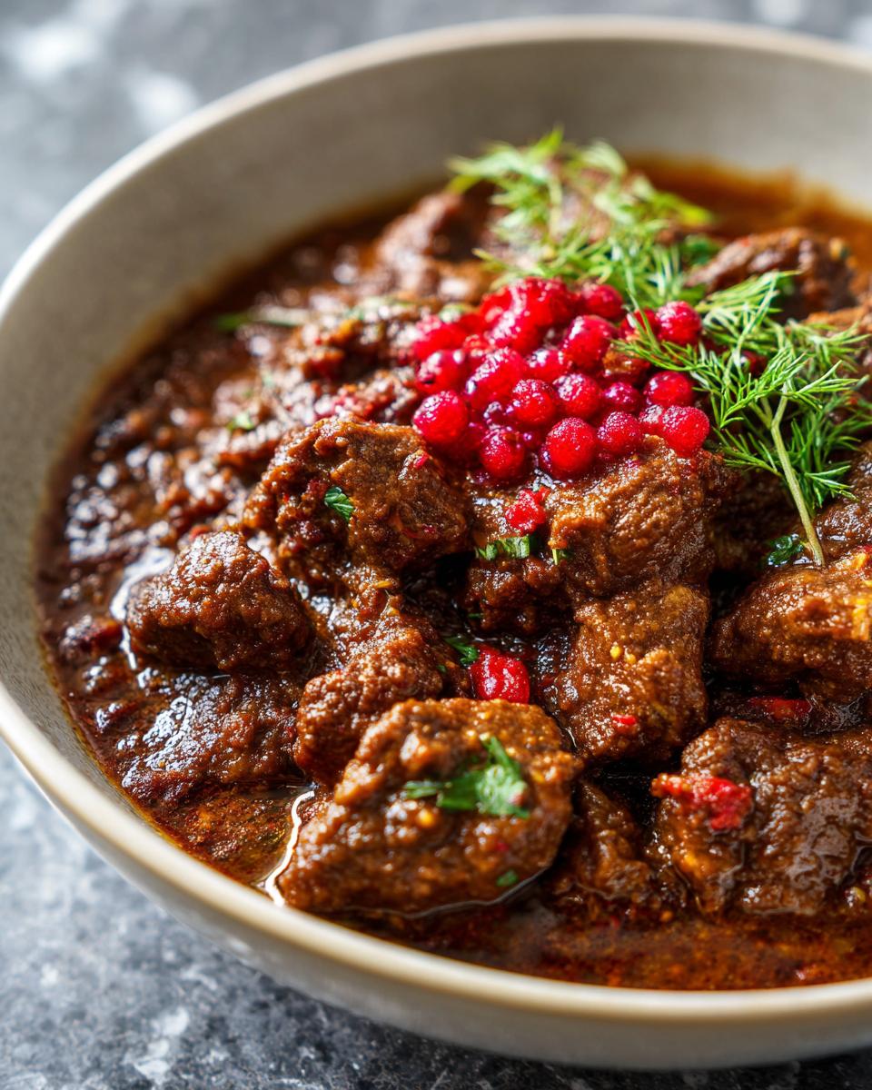 Herzhaftes Lebkuchengulasch mit zarten Fleischstücken, garniert mit roten Beeren und Dill.