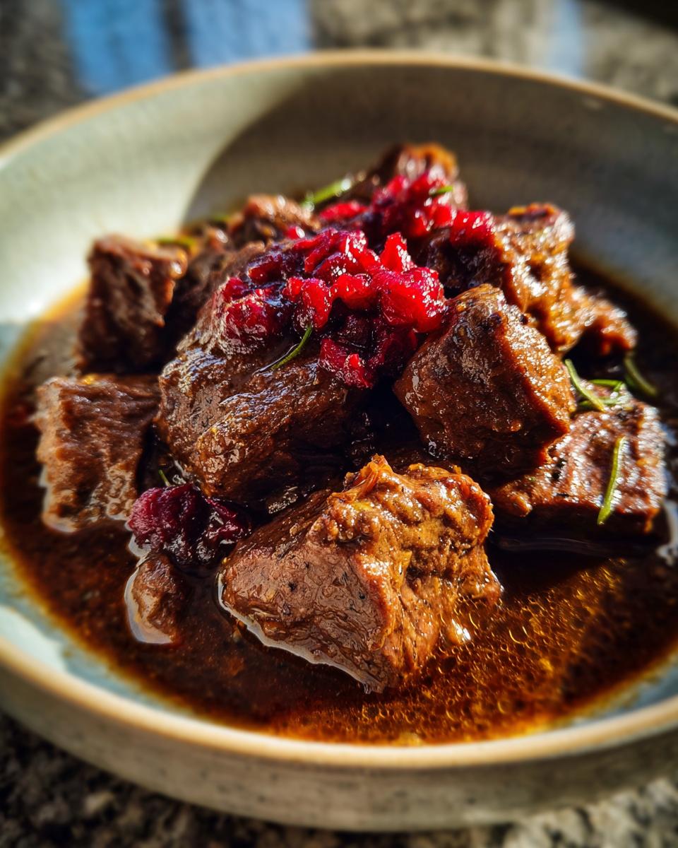 Ein Teller mit Lebkuchengulasch, einem herzhaften Weihnachtsgericht mit zarten Fleischstücken in dunkler Soße und roten Beeren.