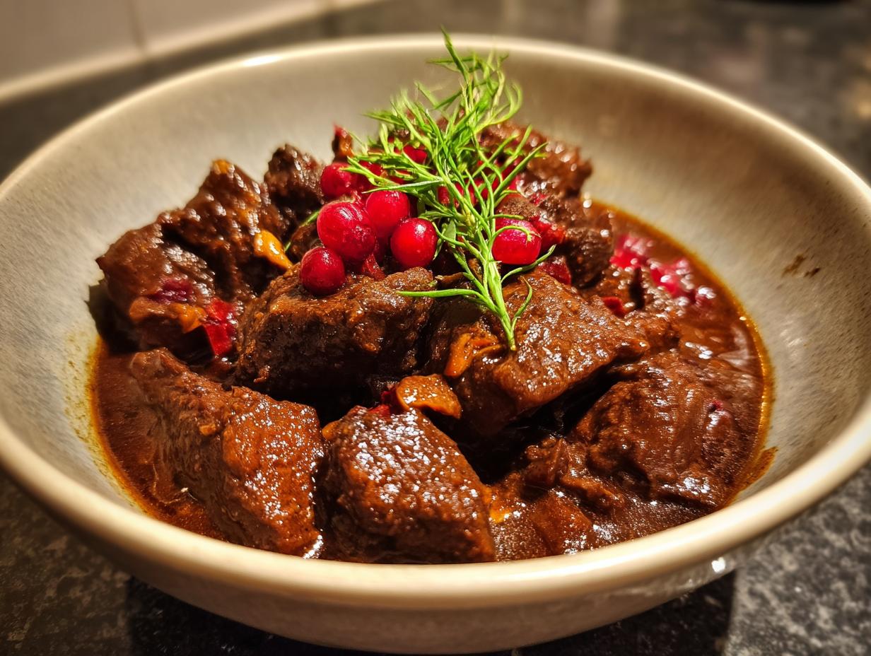 Herzhaftes Lebkuchengulasch, garniert mit Cranberries und Dill, serviert in einer Schüssel.