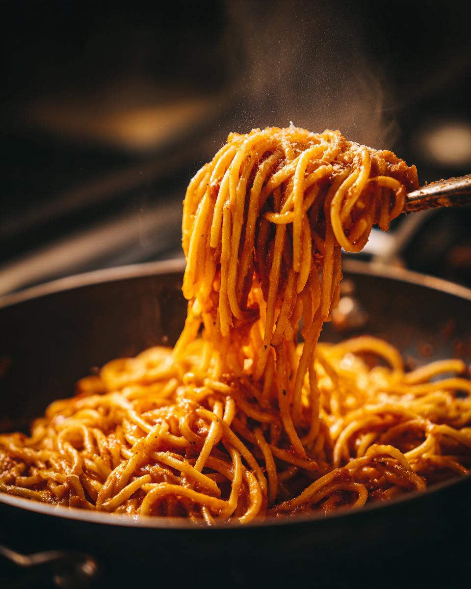 Nahaufnahme von dampfenden Spaghetti mit Tomatensoße und 100g Parmesan, die aus einer Pfanne gehoben werden.