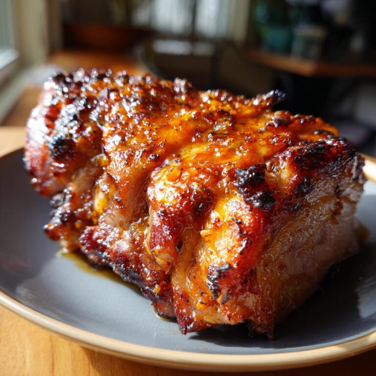 Ein Stück leckerer Orangenglasierter Schweinebraten auf einem grauen Teller, mit glänzender Kruste.