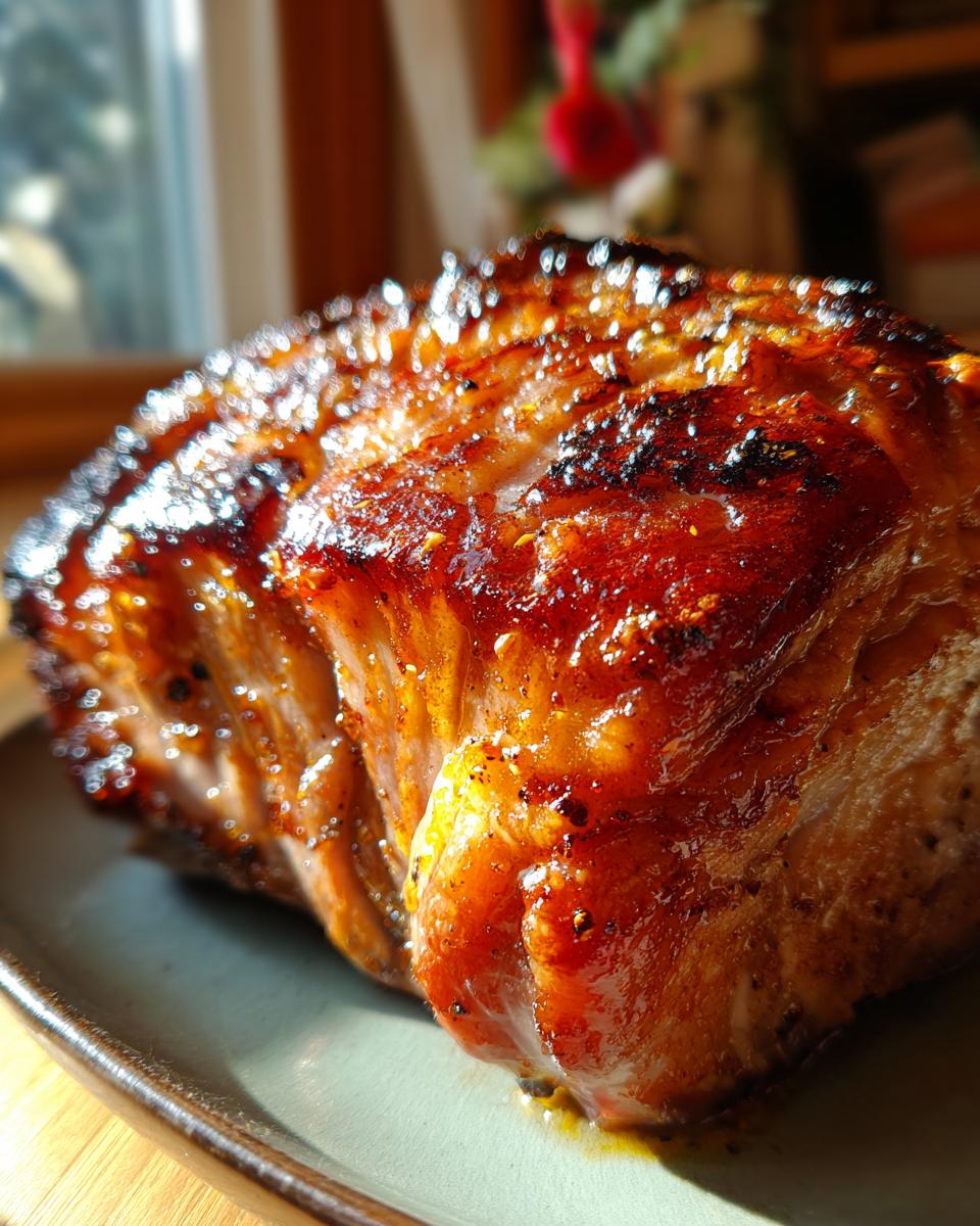 Ein leckerer orangenglasierter Schweinebraten, saftig und goldbraun gebacken, auf einem Teller serviert.