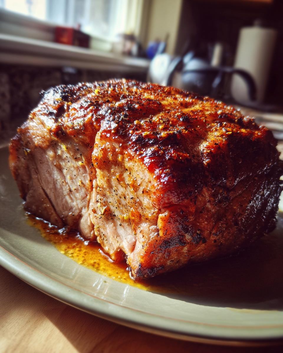 Ein saftiger, orangenglasierter Schweinebraten mit knuspriger Kruste auf einem Teller.