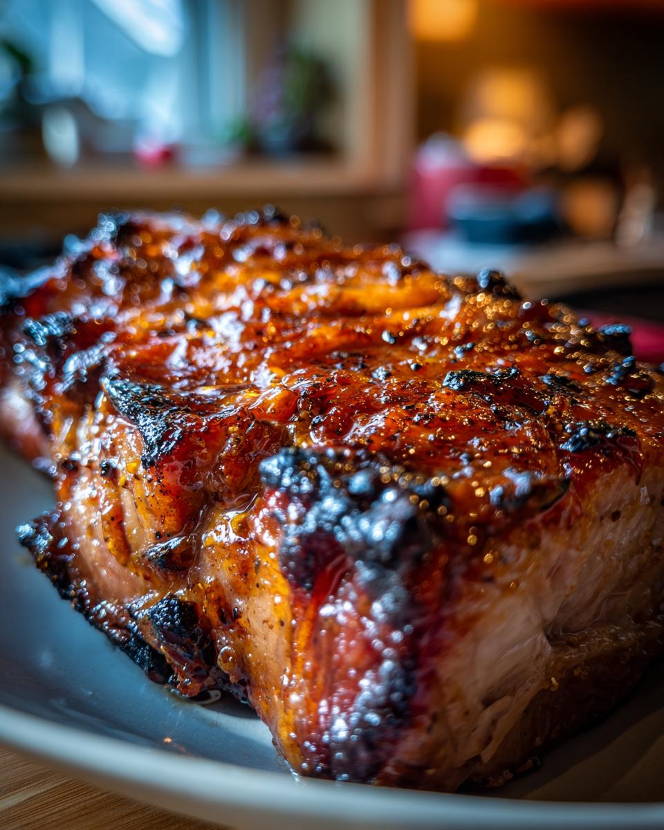 Ein saftiger Leckerer Orangenglasierter Schweinebraten mit karamellisierter Kruste auf einem Teller.