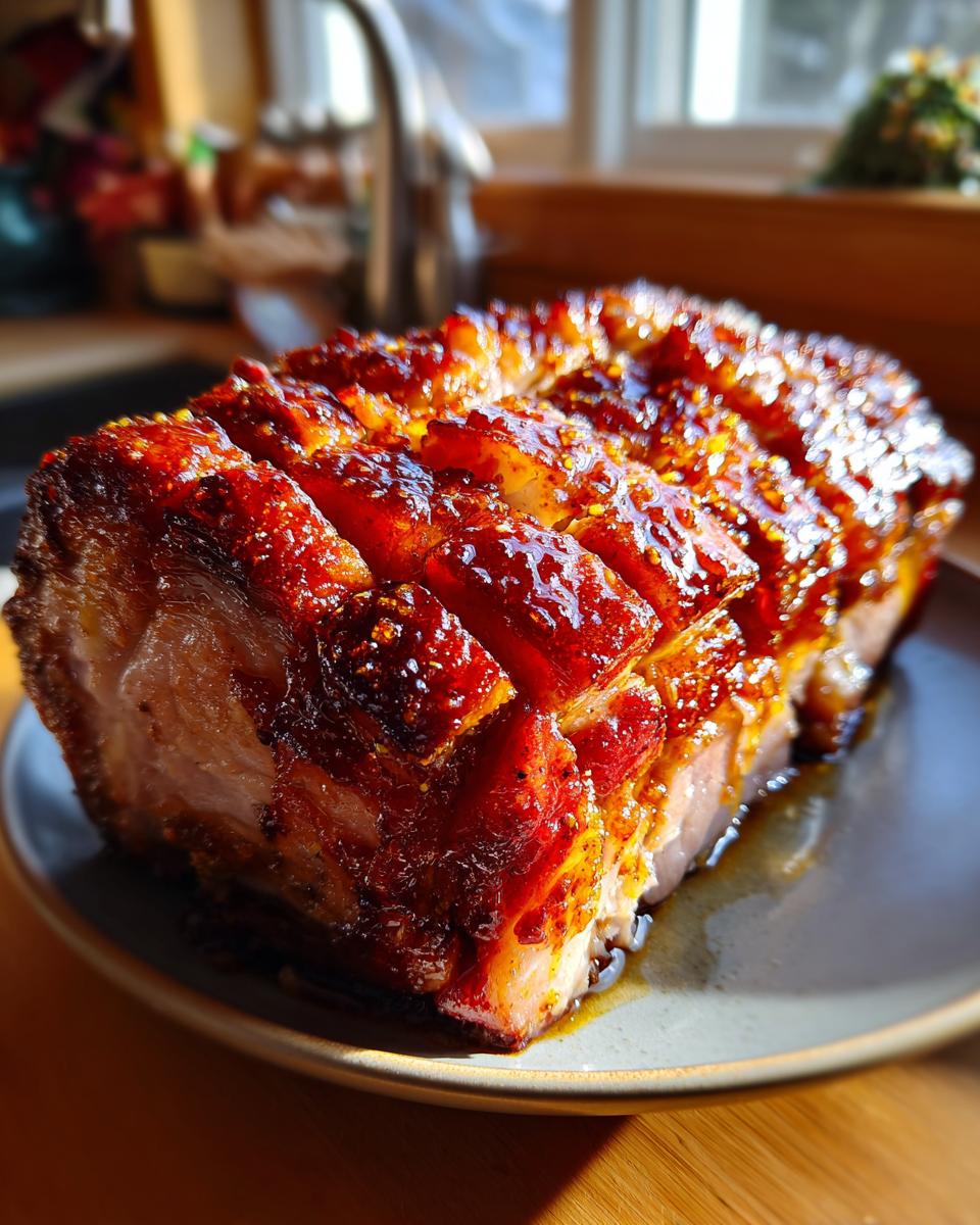 Ein saftiger Leckerer Orangenglasierter Schweinebraten mit knuspriger Kruste auf einem Teller.