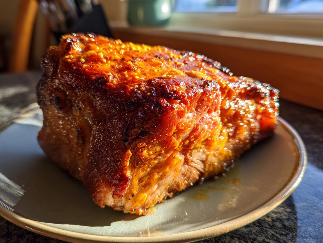 Ein saftiges Stück Leckerer Orangenglasierter Schweinebraten auf einem Teller, mit glänzender Kruste.
