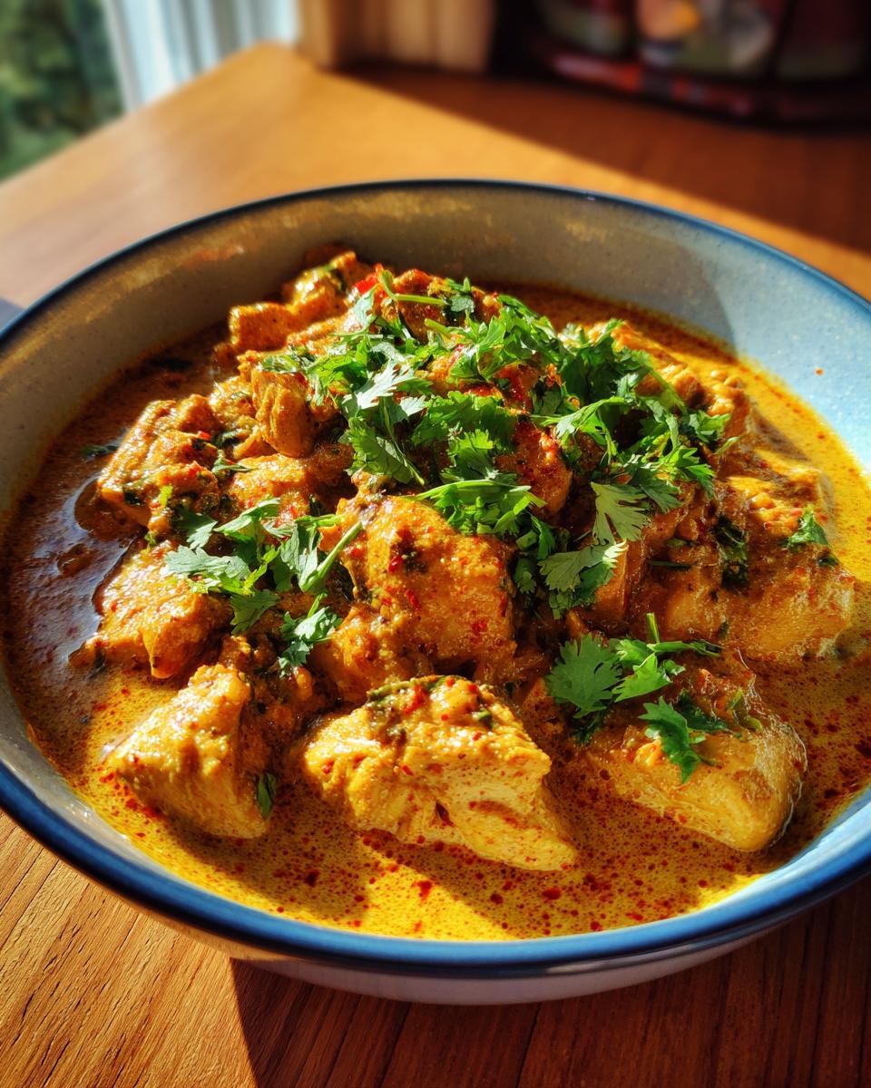 Leicht verdauliches Hühner-Curry in einer blauen Schüssel, garniert mit frischer Petersilie.