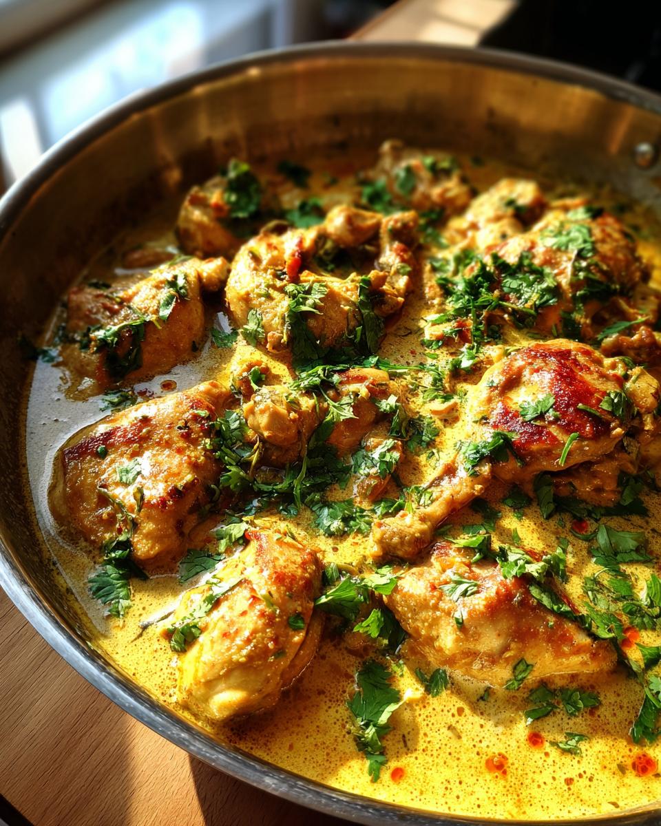 Nahaufnahme eines leicht verdaulichen Hühner-Currys in einer Pfanne, garniert mit frischer Petersilie.