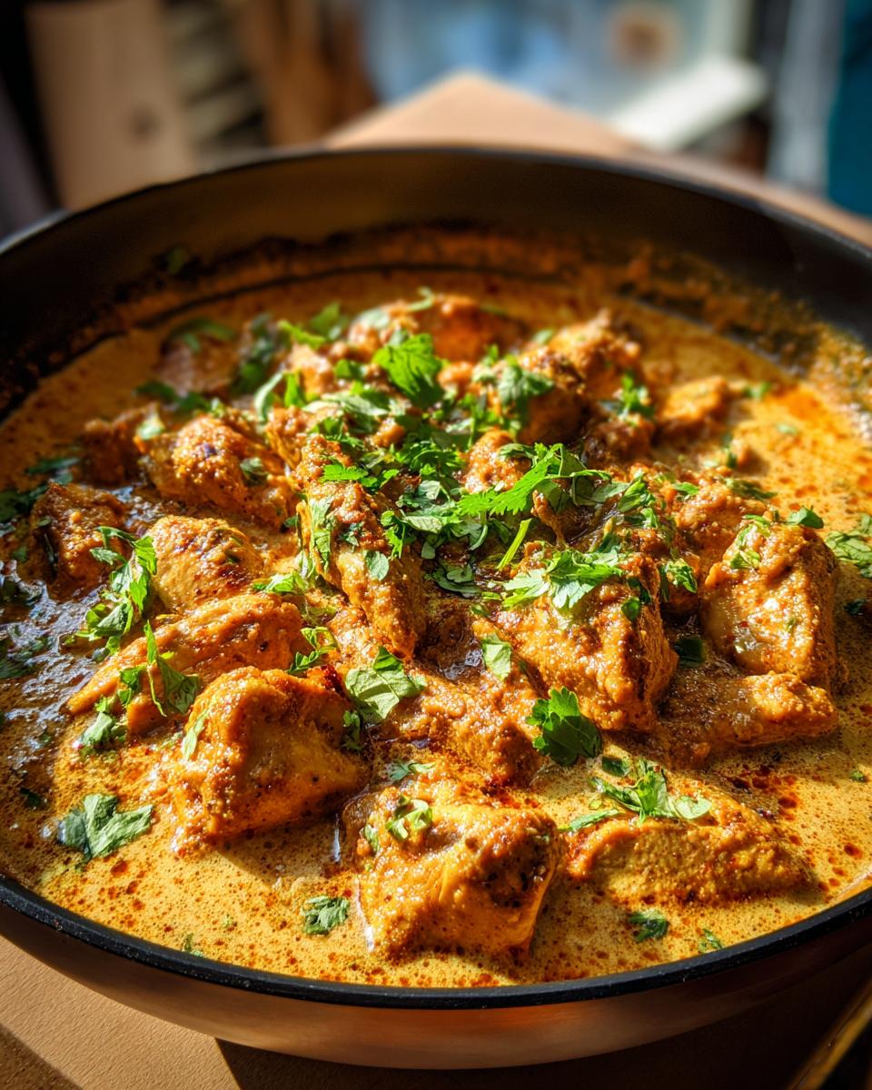 Nahaufnahme von einem leicht verdaulichen Hühner-Curry, garniert mit frischen Kräutern in einer schwarzen Pfanne.