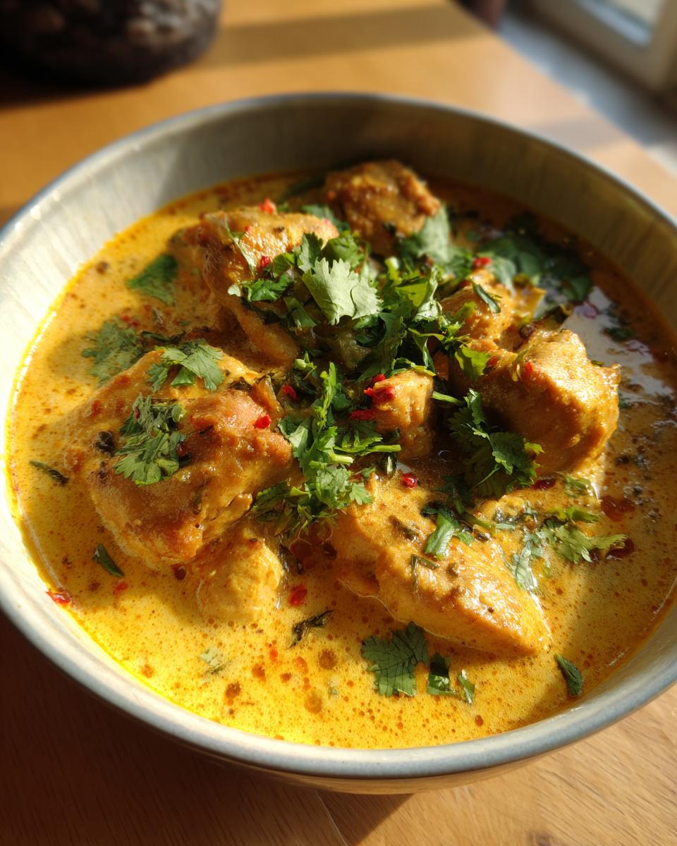 Nahaufnahme eines Schüssel mit leicht verdaulichem Hühner-Curry, garniert mit frischem Koriander.