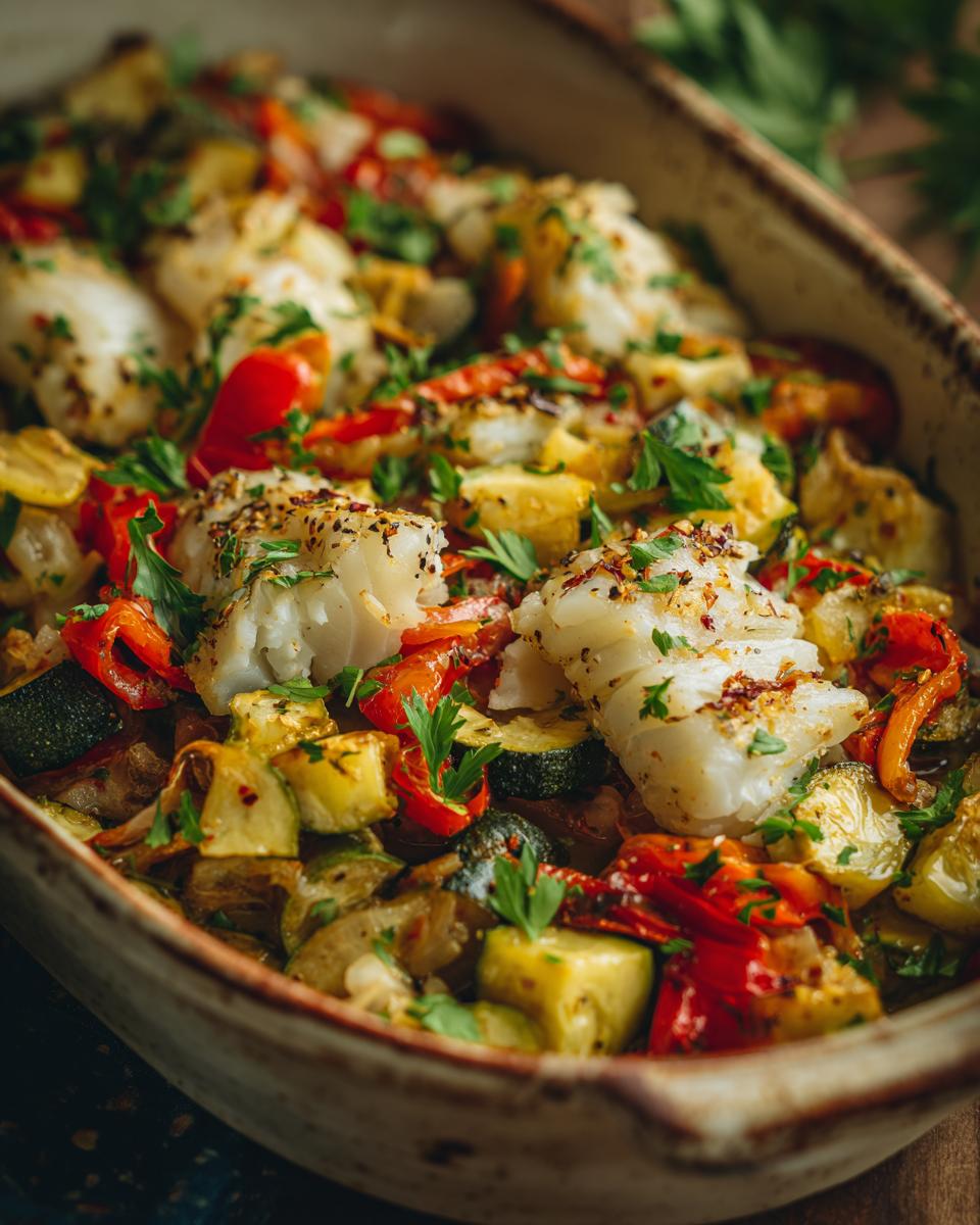 Mediterraner Fischauflauf mit Kabeljau, Paprika & Zucchini, garniert mit Petersilie.