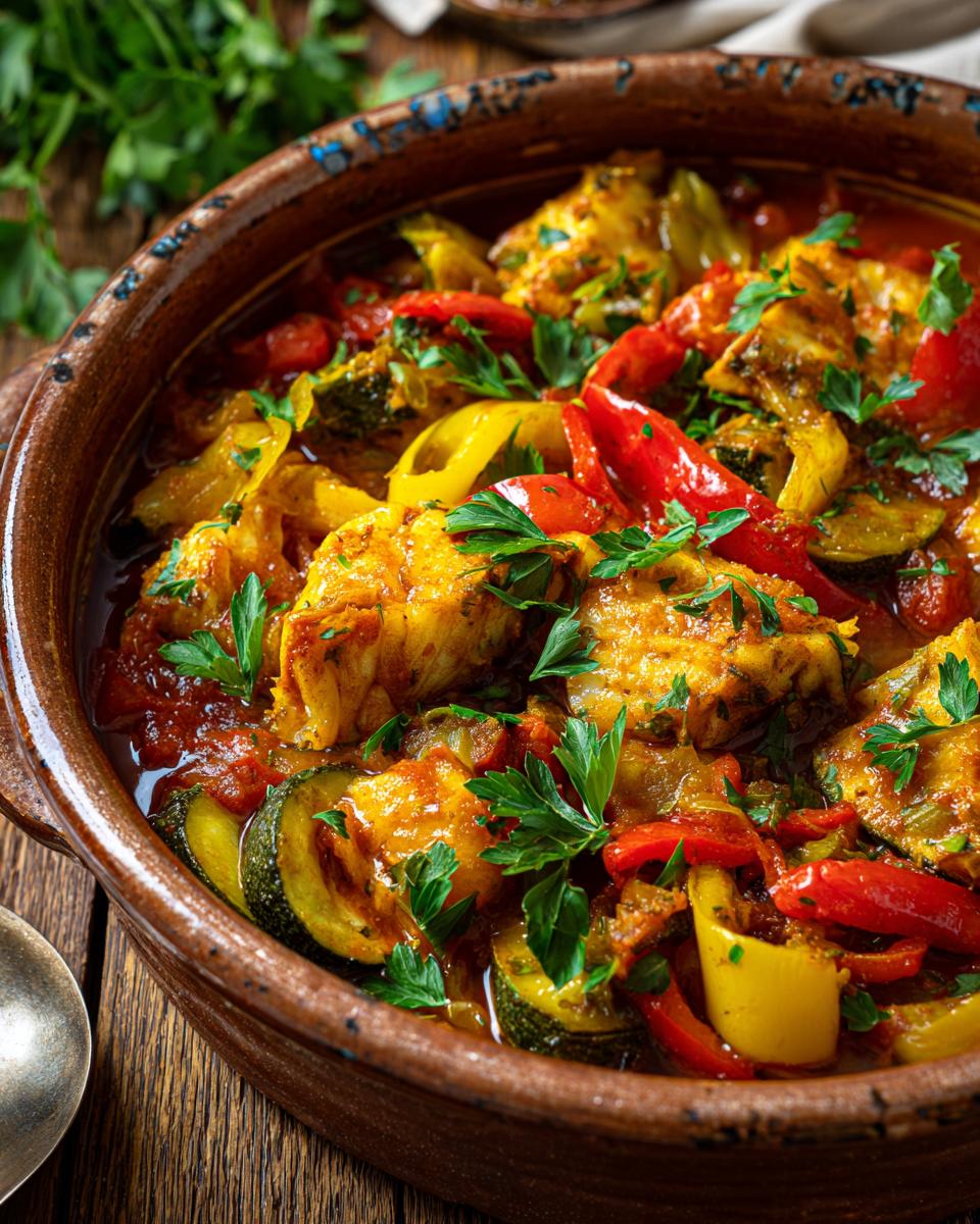 Mediterraner Fischauflauf mit Kabeljau, Paprika & Zucchini in einer Tonschüssel, garniert mit Petersilie.