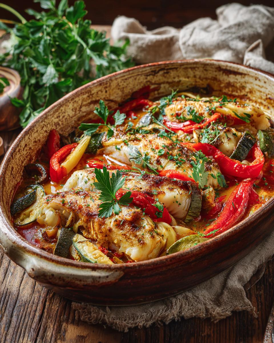 Mediterraner Fischauflauf mit Kabeljau, Paprika & Zucchini in einer Auflaufform, garniert mit Petersilie.