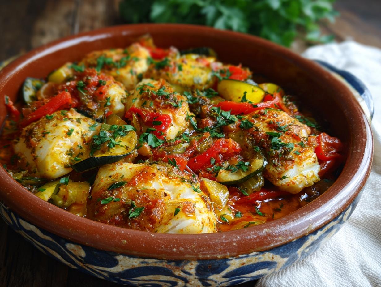 Mediterraner Fischauflauf mit Kabeljau, Paprika und Zucchini, garniert mit Petersilie.
