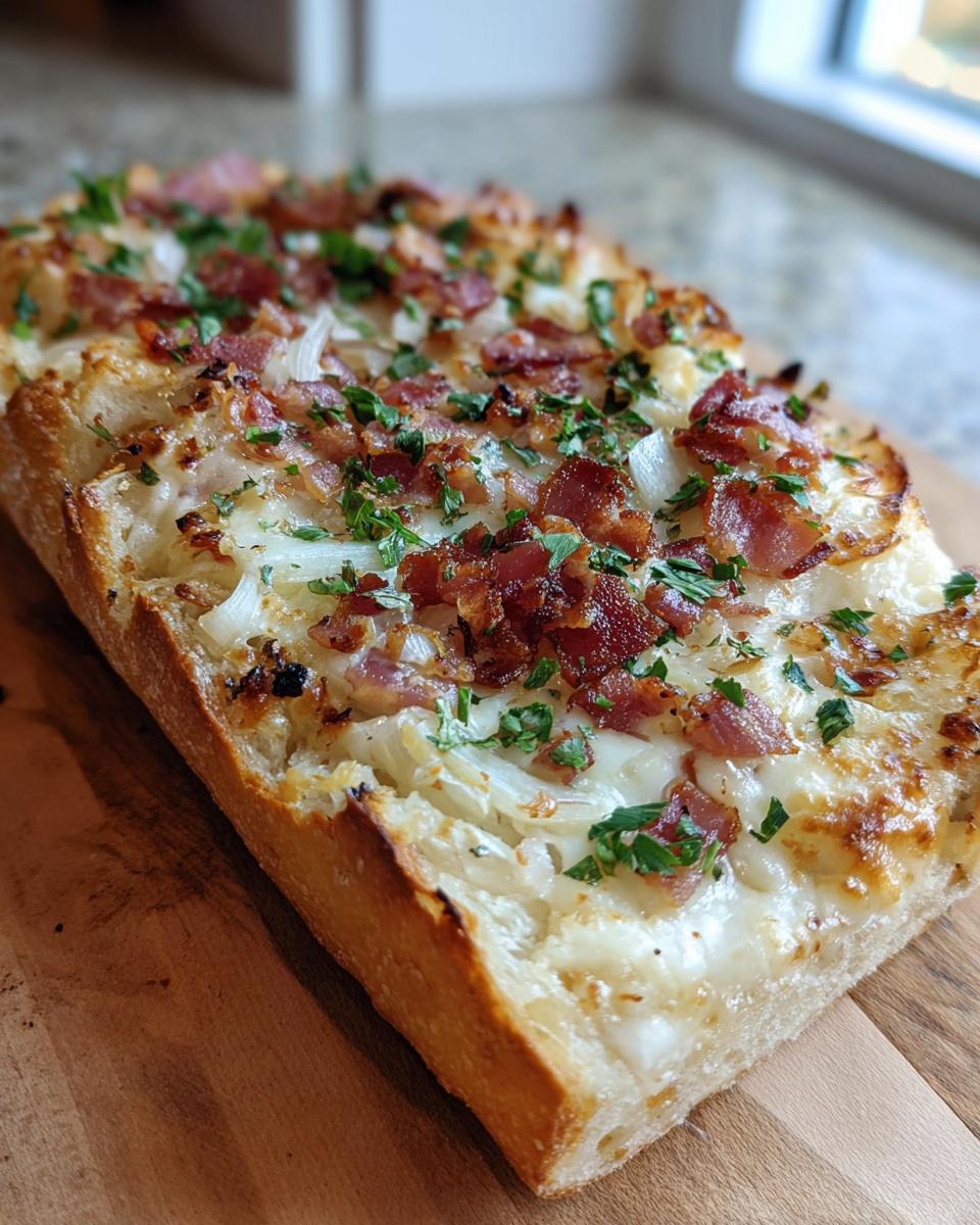 A close-up of a Mini Flammkuchen Sterne topped with melted cheese, crispy bacon, and fresh parsley.