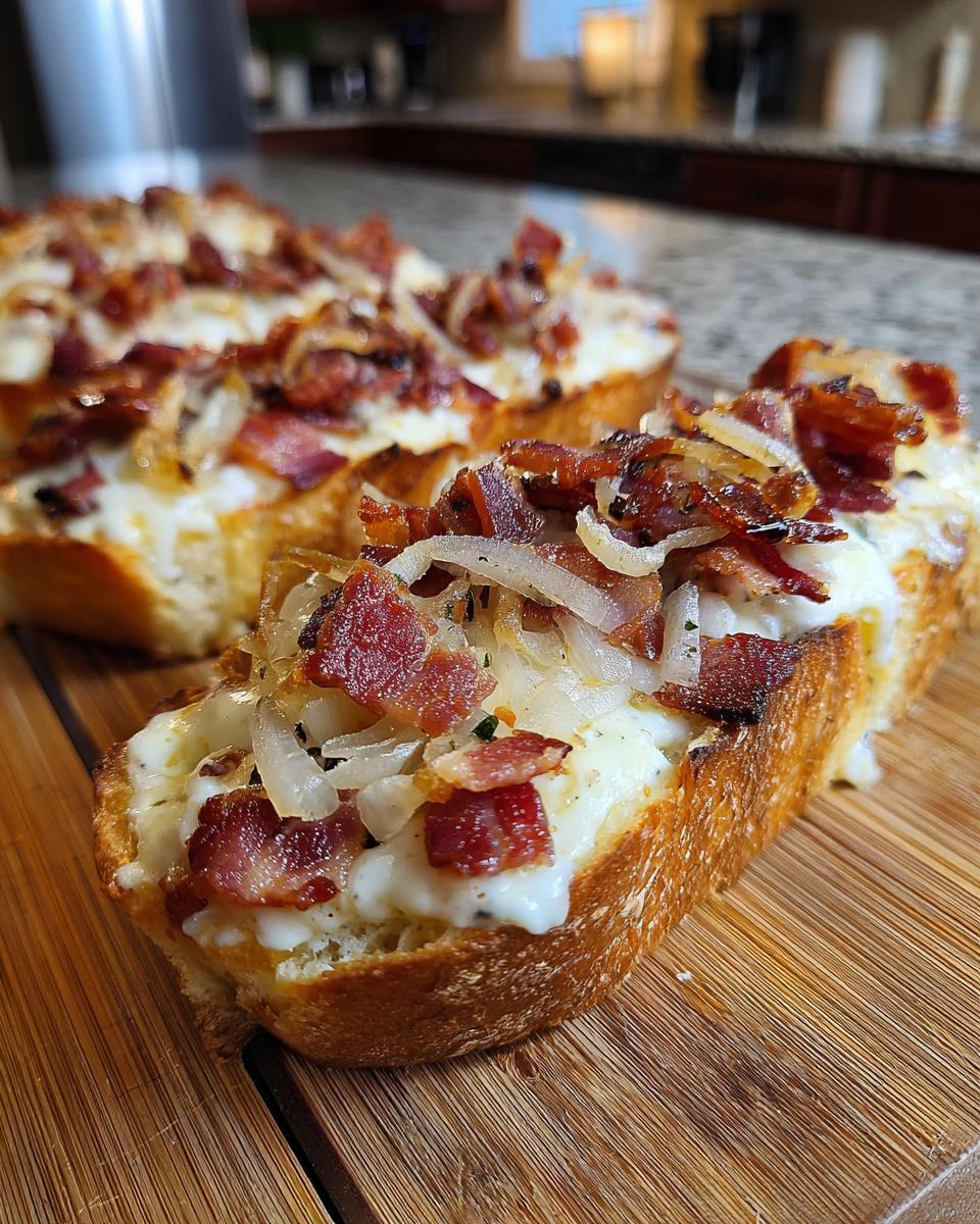 Close-up of Mini Flammkuchen Sterne topped with melted cheese, crispy bacon, and onions on a wooden board.