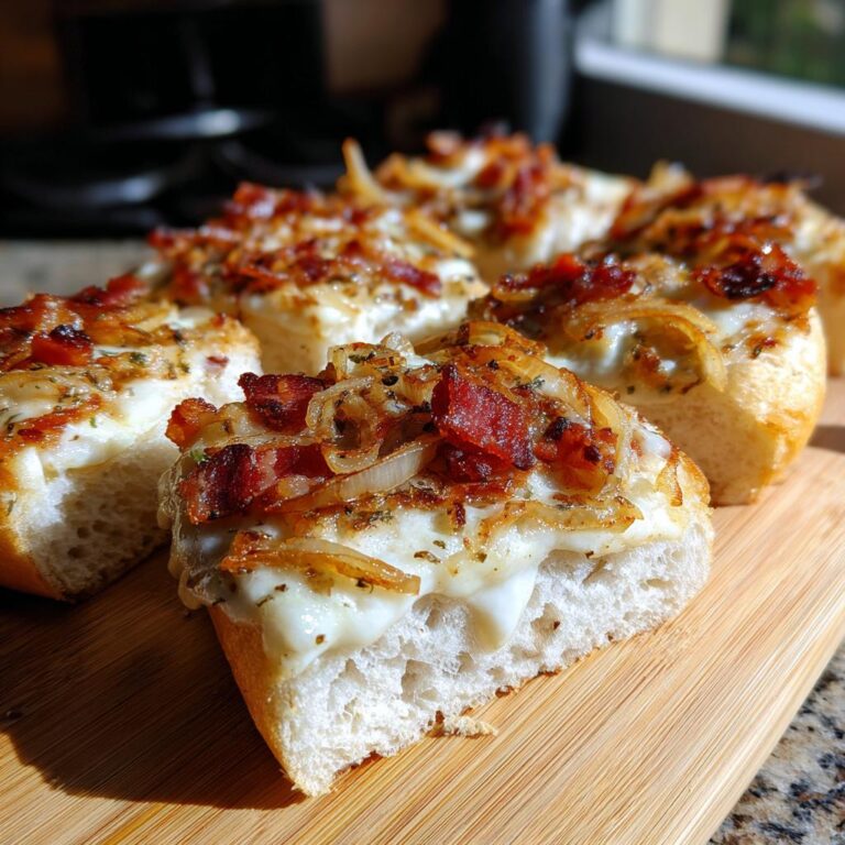 Close-up of delicious Mini Flammkuchen Sterne topped with melted cheese, crispy bacon, and caramelized onions.