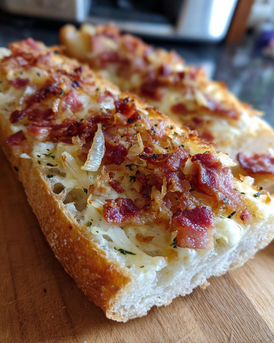 Close-up of a Mini Flammkuchen Sterne topped with melted cheese, crispy bacon, and onions.