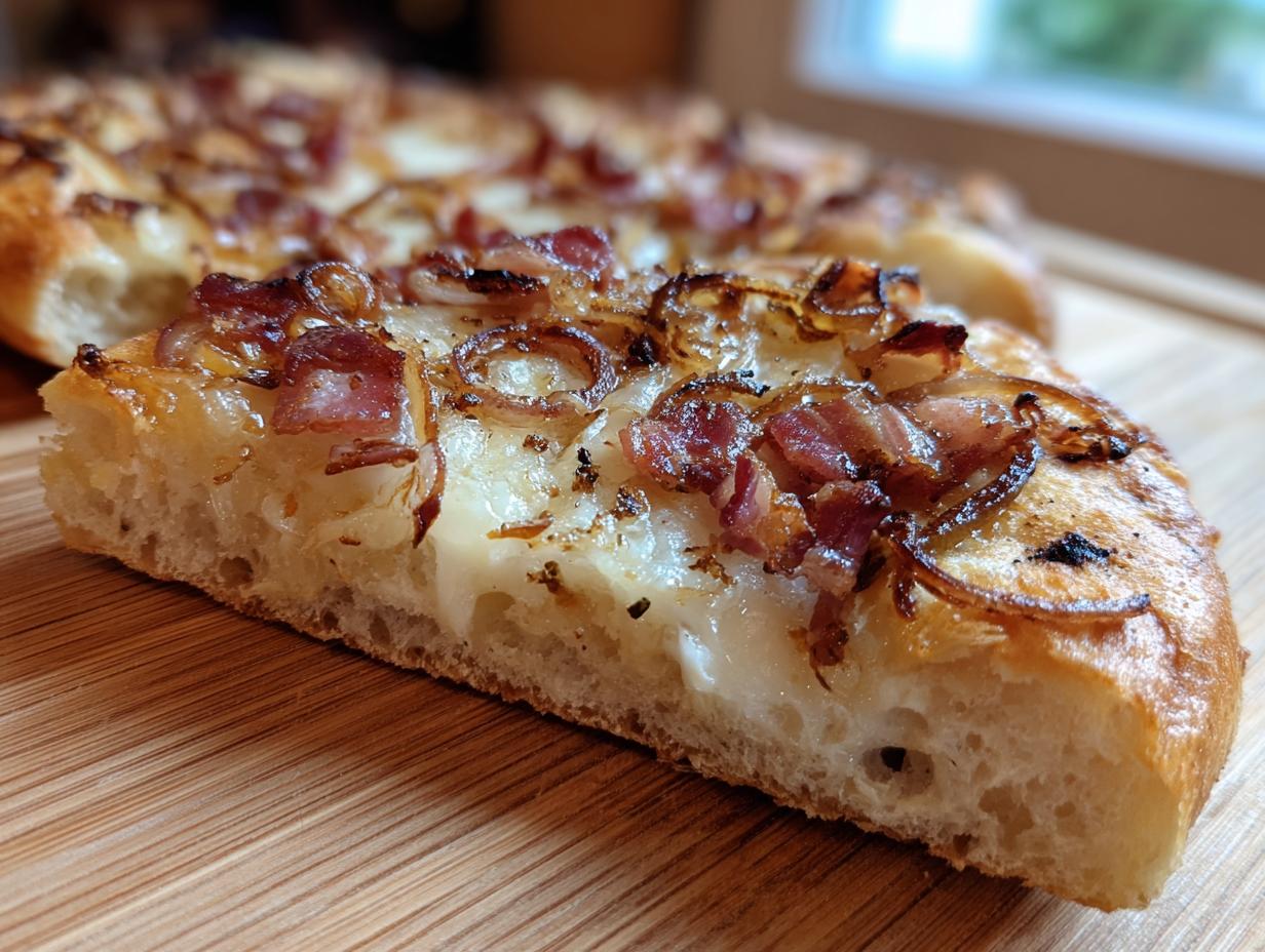 A close-up of a slice of Mini Flammkuchen Sterne, showing crispy bacon, caramelized onions, and melted cheese on a fluffy crust.