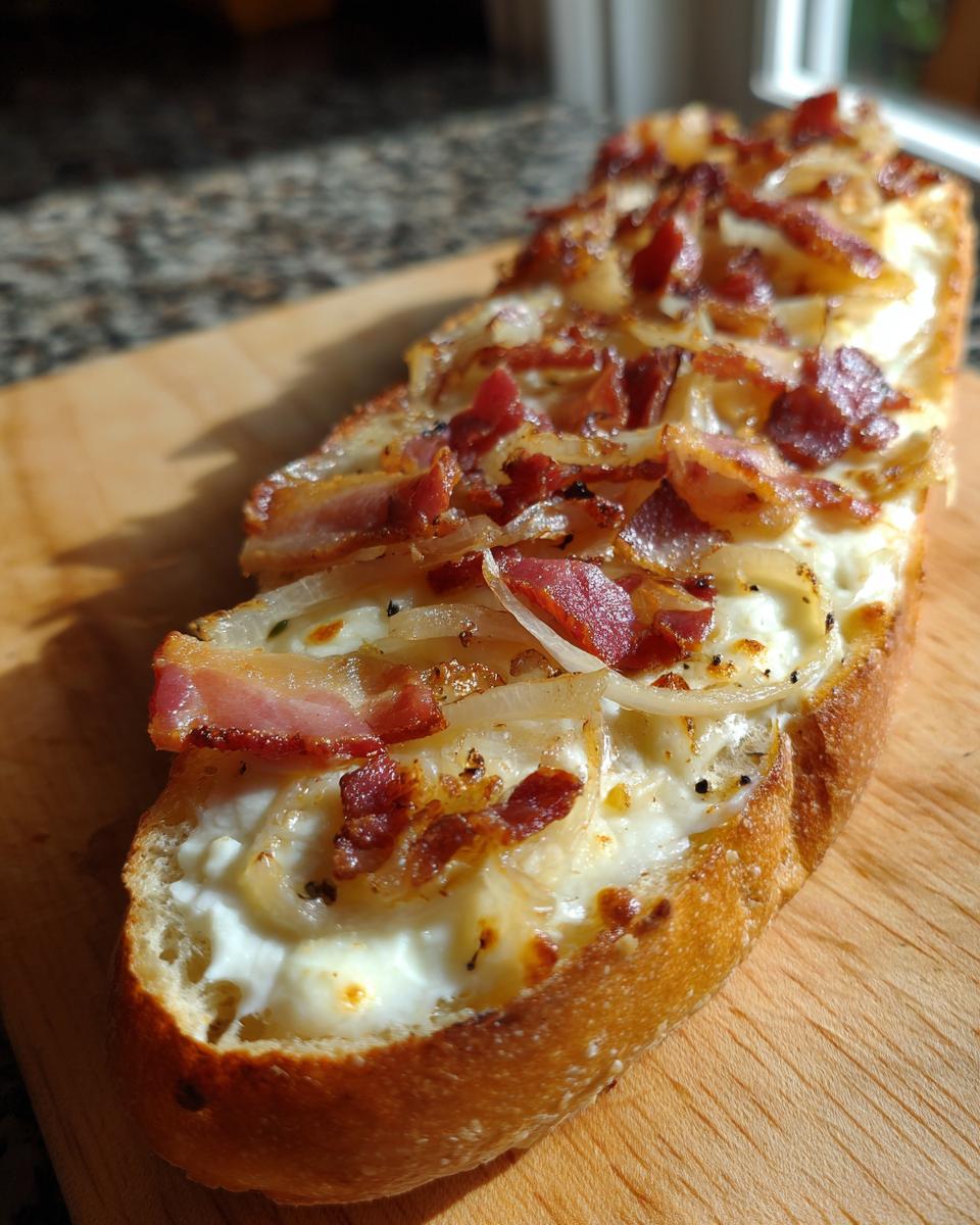 A slice of baguette topped with creamy cheese, onions, and bacon, resembling Mini Flammkuchen Sterne.