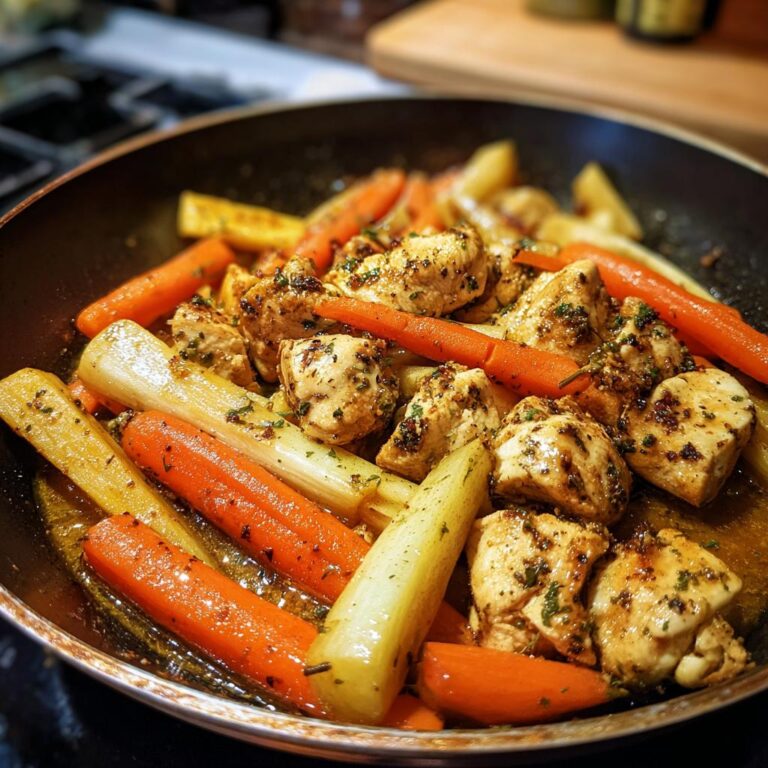 Eine Möhren-Kohlrabi-Pfanne mit Hähnchen, zubereitet in einer Bratpfanne, mit saftigen Karottenstücken und Hähnchen.