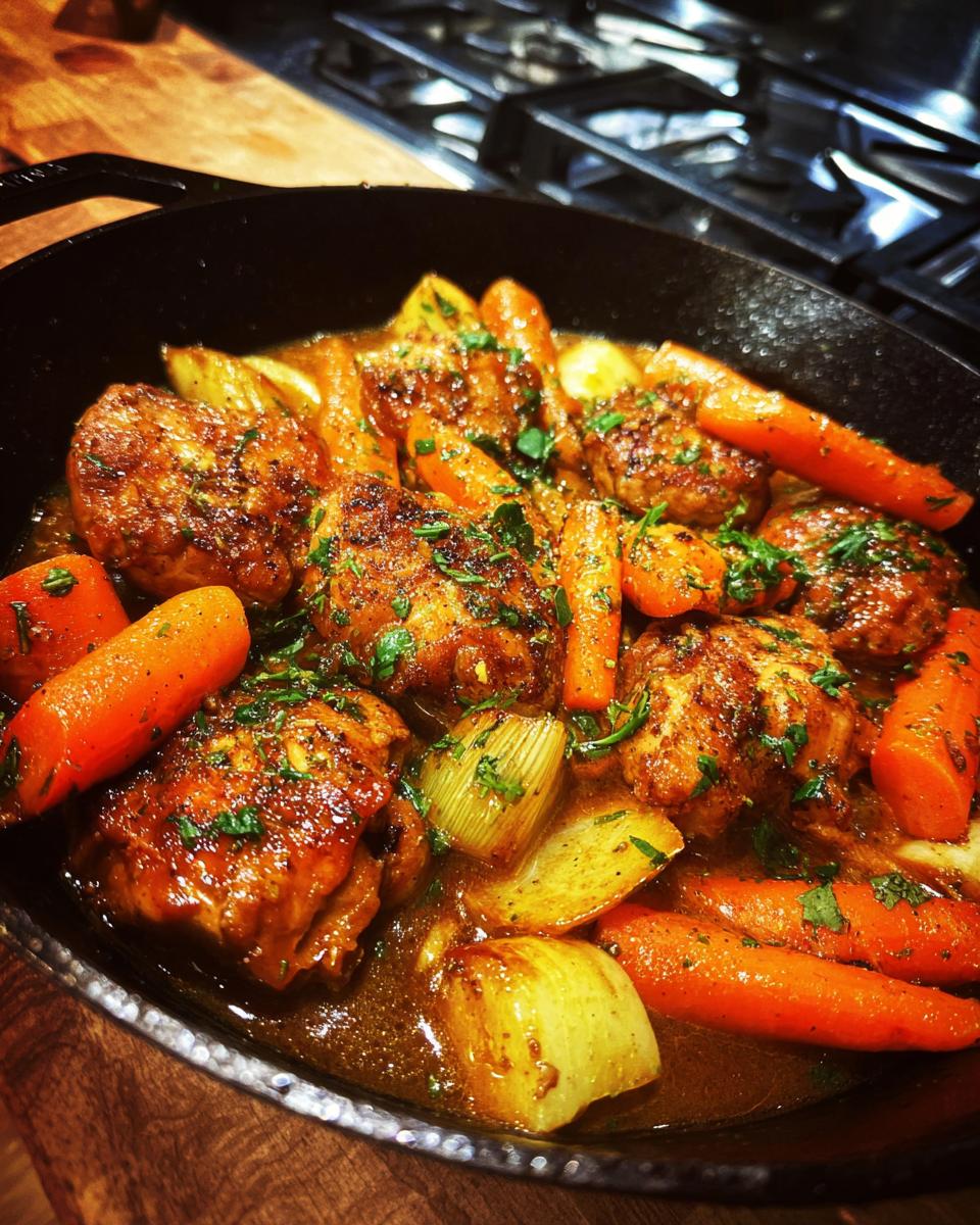 Close-up of Möhren-Kohlrabi-Pfanne mit Hähnchen in a cast iron pan, with chicken pieces, carrots, and leeks in sauce.